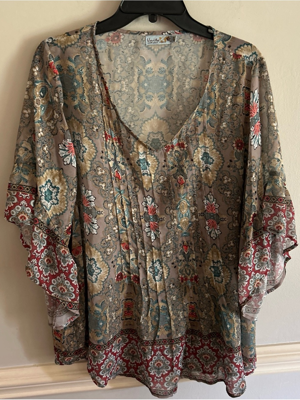 Unity World Wear Taupe Floral Boho Blouse with Teal & Red Accents